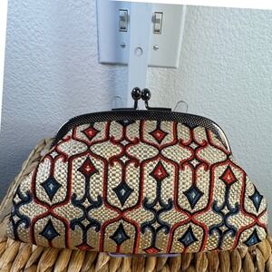 Vintage‎ Metallic Brocade Clutch Kiss Lock Evening Bag Red Blue Gold Pattern